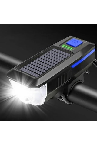 Güneş Enerjili Usb Şarjlı Bisiklet Lambası Solar Fener Ön Far Işık Aydınlatma Kornalı Mavi