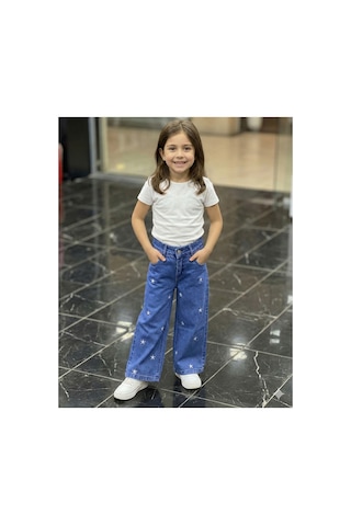 Erdem Kıds Kız Çocuk Jean Pantolon Palazzo Geniş Bol Paça Yıldız Nakışlı Kot Pantolon Mavi Mavi
