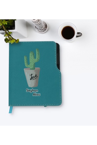 Kişiye Özel Kaktüs Tasarımlı Turkuaz Termo Deri Defter-5