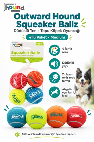 Outward Hound Squeaker Ballz Düdüklü Tenis Topu Köpek Oyuncağı 4'lü Medium