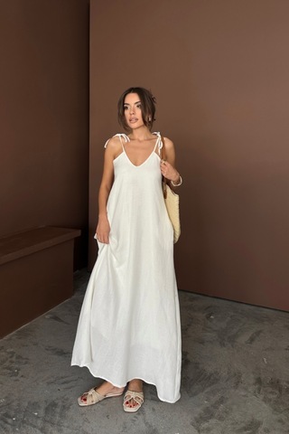 Askılı Uzun Salaş Müslin Elbise - Beyaz Beyaz