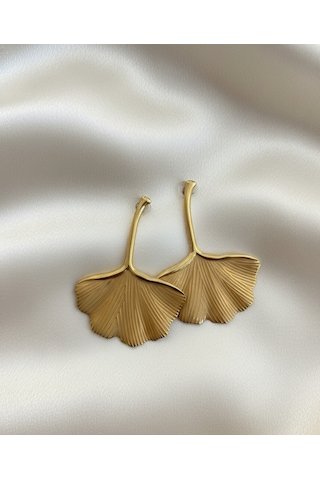 Şehrazat Handmade Gold Çelik Yaprak Gingko Küpe Gümüş