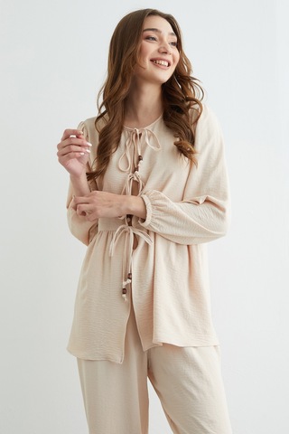 Fullamoda Fullamodest Önü Bağlamalı Ayrobin Kimono 2 Li Takım Bej