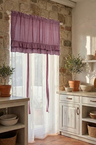 Country Style Potlu Perde Çift Fırfırlı Bordo