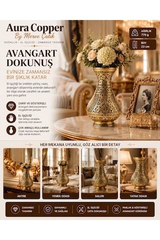 Aura Copper Dekoratif Bakır Vazo 23 Cm Ağır El İşlemeli El Yapımı Obje Çiçeklik Vz-00001