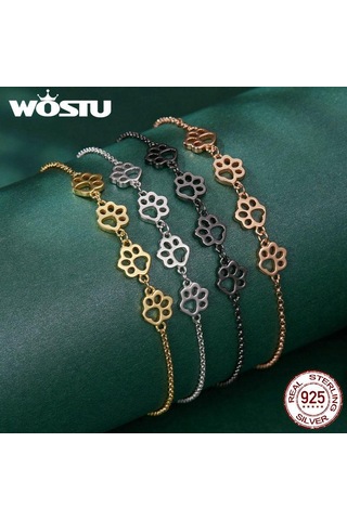 Wostu Sıcak Moda 925 Ayar Gümüş Paw Trail Köpek Hayvan Zinciri Ve Bağlantı Bilezikler Kadınlar Için Siyah