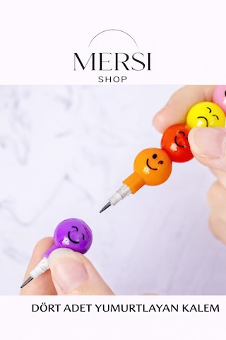 Emojili Yumurtlayan Kalem Seti 4'lü Renkli Ve Döngü Uçlu Eğlenceli Kalemler Çok Renkli
