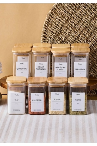 Gildo 12'li Bambu Kapak Borosilikat Cam Baharatlık 250ml 10x6cm+30etiket 16530 Şeffaf