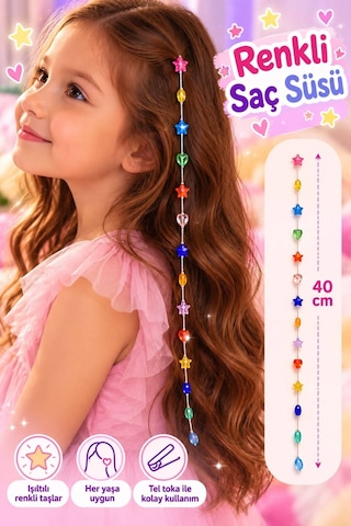 Renkli Yıldız- Kız Çocuk Saç Süsü 40 Cm. Pratik Tel Toka İle Kullanım