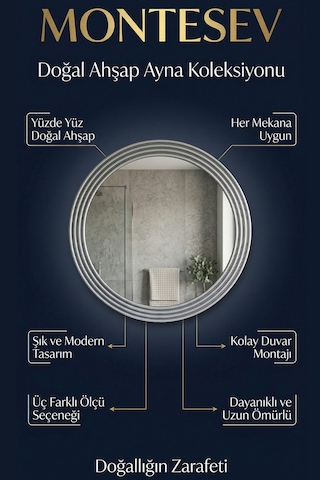 Zümrüt Ahşap Gümüş Yuvarlak Ayna Işlemeli Duvar Banyo Aynası 56cm Gümüş