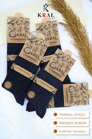 Kral Socks Erkek Kışlık Termal Etkili 5'li Paket Lambswool Kuzu Yün Çorap Siyah
