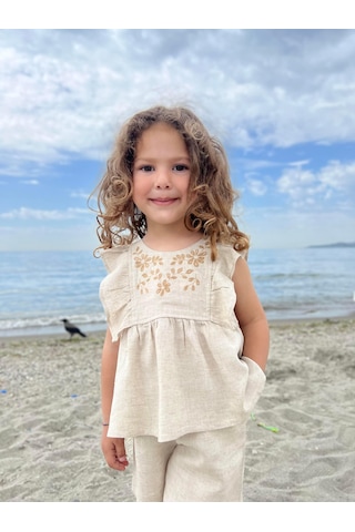Cigit Robası Nakışlı Şortlu Keten Takım 2-7 Yaş Naturel Beyaz