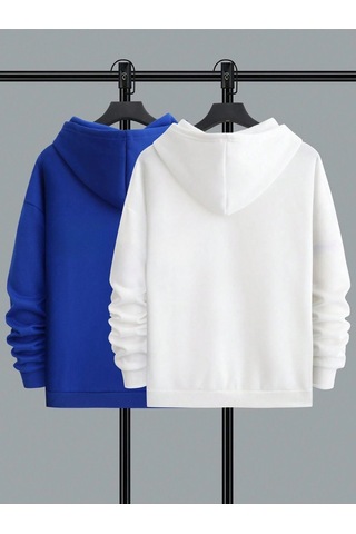 2'li Still Freedom Kalın Kışlık Sweatshirt - Beyaz Sax Mavi Baskılı Oversize Kapüşonlu Beyaz Sax Mavi