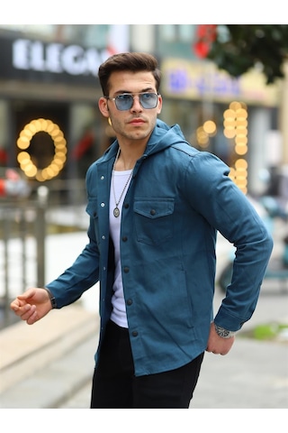 Petrol Renk Kapüşonlu Kot Ceket Petrol