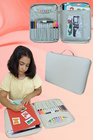 Evrak Kalemlik Çantası Çocuklar İçin Aktivite Etkinlik Çantası Boyama Ve Defter Çantası Bej
