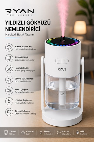 Yıldız Projeksiyonlu Nemlendirici 7 Renk Led Işıklı Usb Hava Nemlendirici Rt-hm28