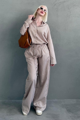 Madmext Camel Çizgili Gömlek Pantolon Kadın Takım Mg2457 Camel