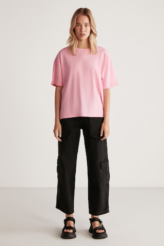Grımelange Jemmy Kadın %100 Organik Pamuk Relaxed Fit Yırtmaçlı Yuvarlak Yakalı Açık Pembe T-shirt