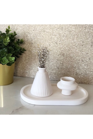 Thiramis Homeconcept Beyaz Tepsi Mini Vazo & Tealight 3lü Set