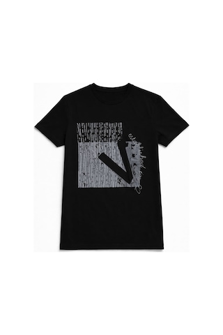 Erkek Bisiklet Yaka Baskı Detay T-shirt Siyah