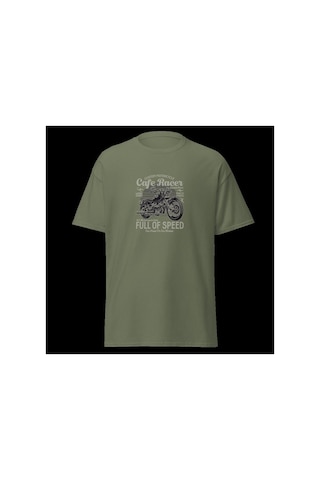 Wildstyle Cafe Racer Full Of Speed Motosiklet Vintage Hız Baskılı Unisex Bisiklet Yaka Pamuklu Tişört - Haki
