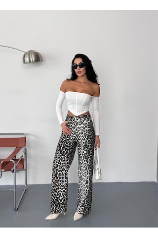 Kadın Kahve-beyaz Leopar Desenli Wide-leg Yüksek Bel Kot Pantolon Denim Kumaş Kahverengi