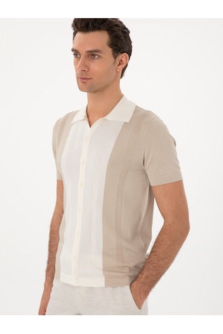 Cacharel Bej Slim Fit Düğmeli Kısa Kollu Triko Hırka