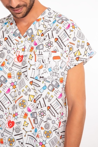 Unisex Renkli Laborant Desenli Likralı Hemşire Doktor Laboratuvar Scrubs Üniforma Takımı Beyaz