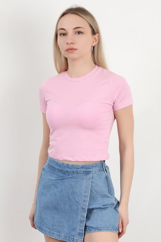 Giysa Kadın Bisiklet Yaka Pamuklu Basic T-shirt Pembe Ms0000102 Şeker Pembe