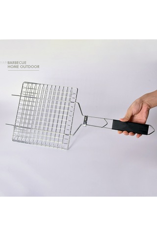Jeemson Gümüş Demir Izgara Sepeti, Ahşap Saplı Kilitli Izgara Kafesi, Sebze-balık Et Izgarası, Barbekü Aleti, 53cm, 3-5 Kişilik Kapasite Çok Renkli