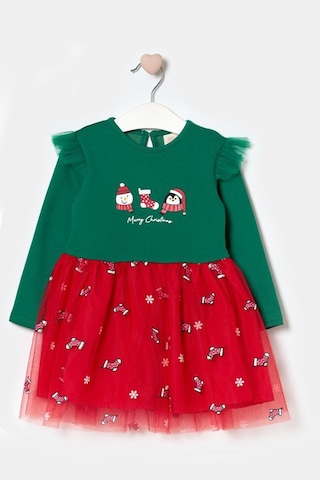 Kız Çocuk Snowman And Penguın Tüllü Yılbaşı Elbise Nbk-24915 Yeşil