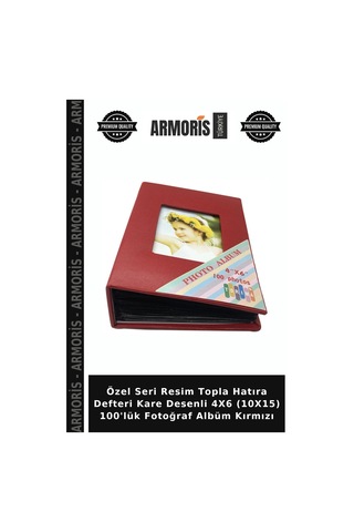 Özel Seri Resim Topla Hatıra Defteri Kare Desenli 4x6 10x15 100'lük Fotoğraf Albüm Kırmızı