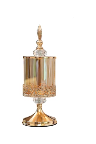 Monyee Modern Basit Stilde Metal Ve Kristal Cam Mumluk, Depolama Kavanozu, Dekorasyon - Fransız Altın, 29cm Büyük Boyut, Pembe Dantel Desenli, 3d Kesikli Kristal