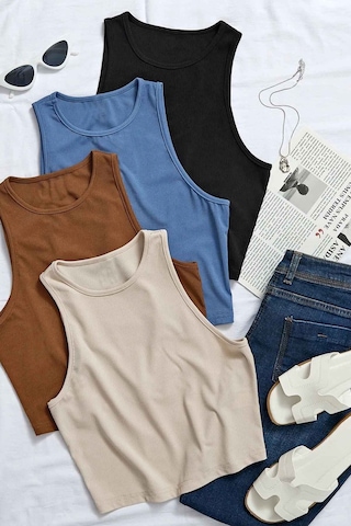 Merry See 4'lü Paket 4 Renk Takım Kadın Kolsuz Örme Kumaş Bluz Crop Çok Renkli