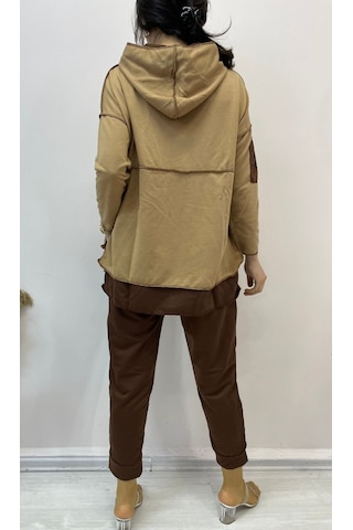 Ahes Shopping Kadın Kahve Kapşonlu Etek Ucu Detay Arma Ters Dikiş Gorunumlu Ikili Takım Sütlü Kahve