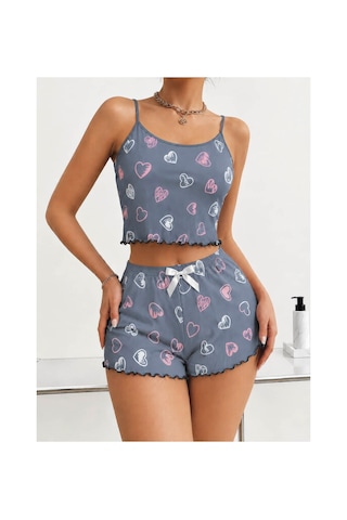 Motto10 Butik Kadın Gri Kalp Desenli Dantel Askılı Şortlu Pijama Takımı 5265