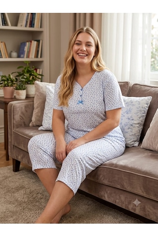 Büyük Beden Kısa Kol Kapri Pamuklu Likralı Pijama Takımı 8642 Turkuaz