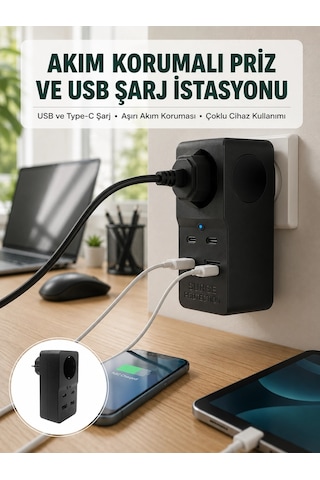 Mey İthalat Isıya Dayanıklı Pc Gövdeli Akım Korumalı Priz 4 Usb Yeni Nesil