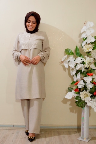 Deryam Tekstil Kadın Sofya Keten Tunik Pantolon Takımı Krem 46 Beden Krem