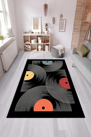 Dijital Baskılı Yıkanabilir Müzik Plak Desen Kaymaz Taban Halı Açık Gri