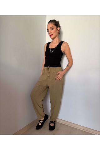 Haki Havuç Kesim Keten Pantolon Olive