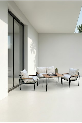 Milda Metal Bahçe Balkon Mobilyası Koltuk Takımı Çay Seti Güneşe Dayanıklı Kumaş 2+1+1 - Krem Vizon