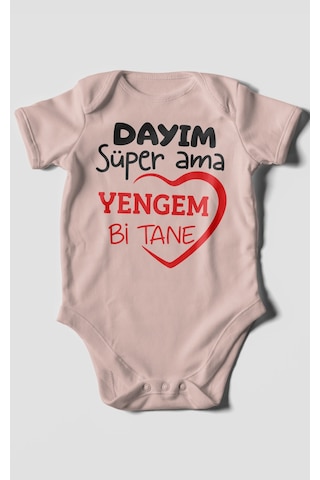 Morivokids Dayım Süper Ama Yengem Bir Tane Kısa Kollu Bebek Body %100 Pamuk Pastel Pembe