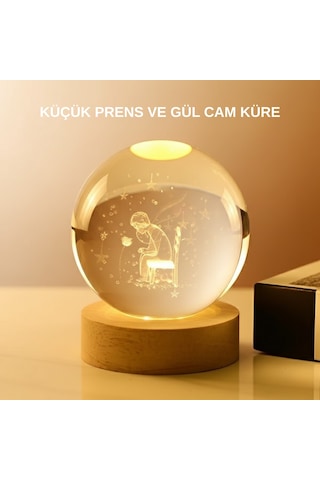 Usb Li Küçük Prens Işıklı Cam Küre Ahşap Altlıklı Dekoratif Lamba Standart