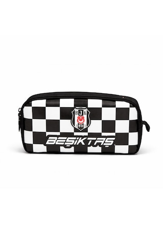Beşiktaş Lisanslı Çift Bölmeli Dama Desenli Kalemlik - Rubber Logolu Su İtici Kumaşlı Kalem Çantası Siyah - Beyaz