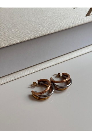 Çift Renk Halka Küpe Altın & Gümüş Renk Modern Tasarım Çok Renkli