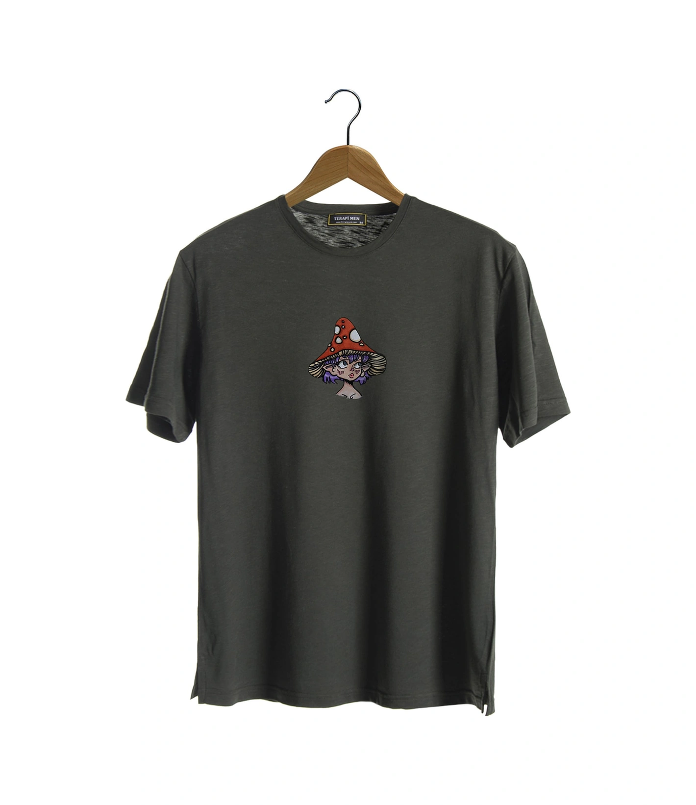 Veaven Unisex Koyu Yeşil Bisiklet Yaka Önü Mantar Şapkalı Baskılı Oversize T-shirt Koyu Yeşil