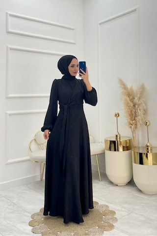 Neşeli Butik Kadın Bağlama Detaylı Jakarlı Tesettür Elbise Nms044 Siyah