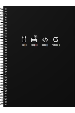 Notebook for Developers - Eat Sleep Code Repeat - Siyah - Kısmi Lak'lı Sert Mukavva Kapak - 100 Yaprak - Kareli - Spiralli Defter