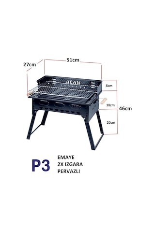 Pervazlı Emaye Mangal P3 Battal Boy Barbekü Çift Kömürlü Izgara Katlanır Ayaklı 27x51cm Diğer